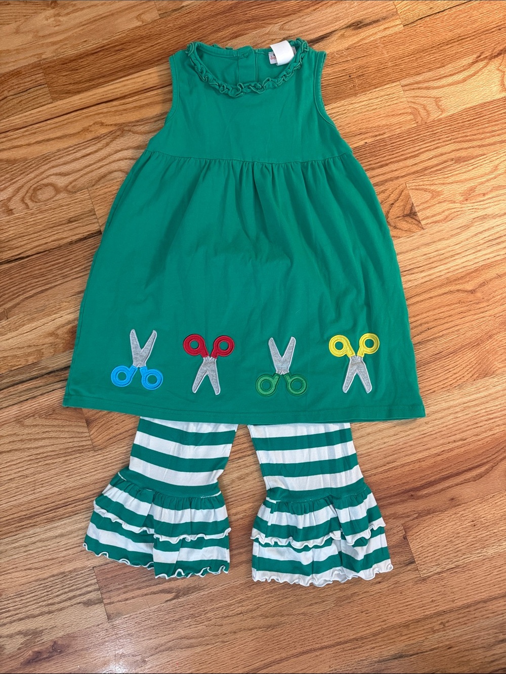 Green Scissor Applique Dress & Striped Ruffle Leggings Set